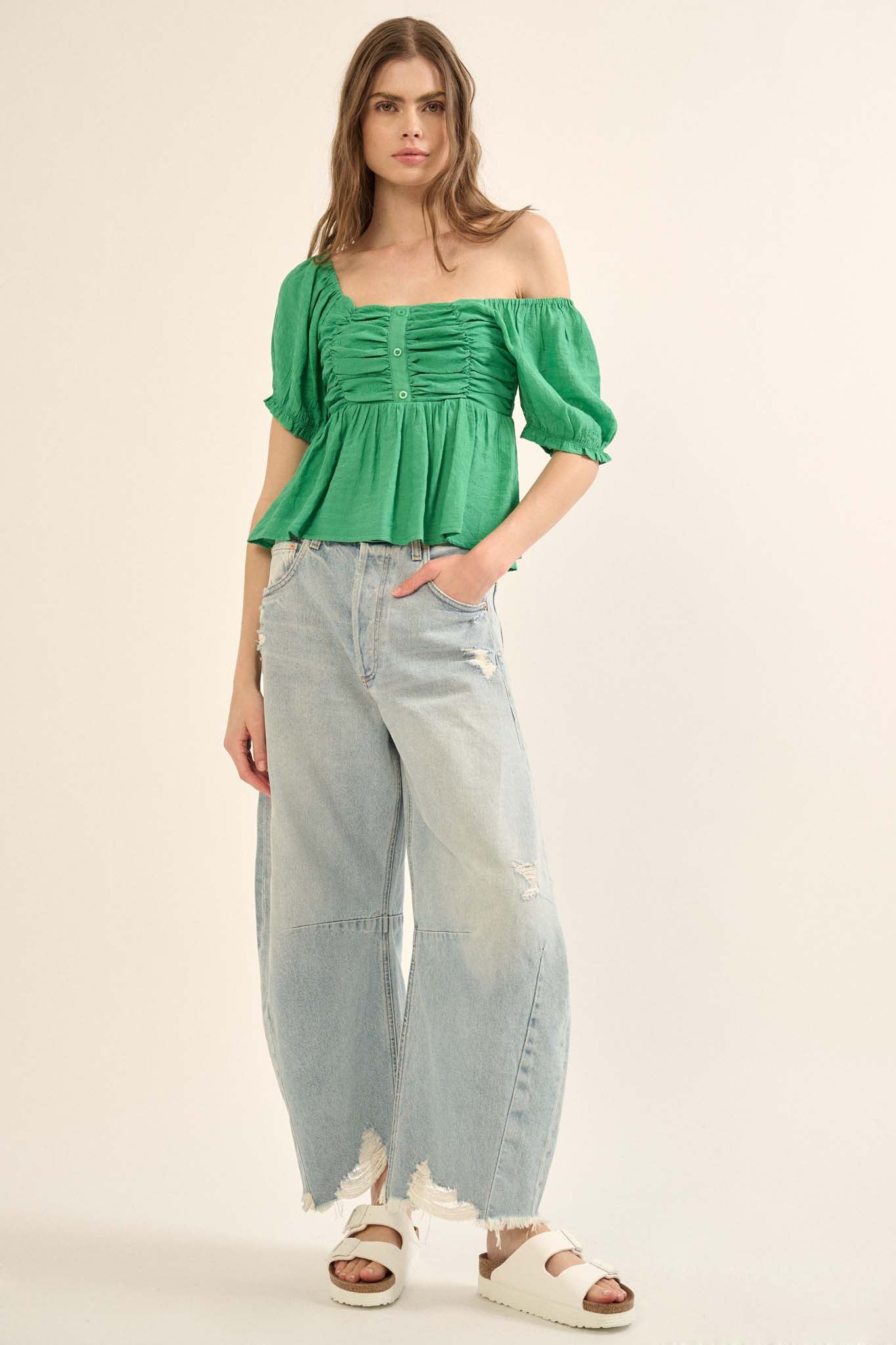 In Your Dreams Ruched Tonal-Stripe Peasant Top - ShopPromesa