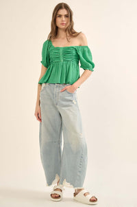 In Your Dreams Ruched Tonal-Stripe Peasant Top - ShopPromesa