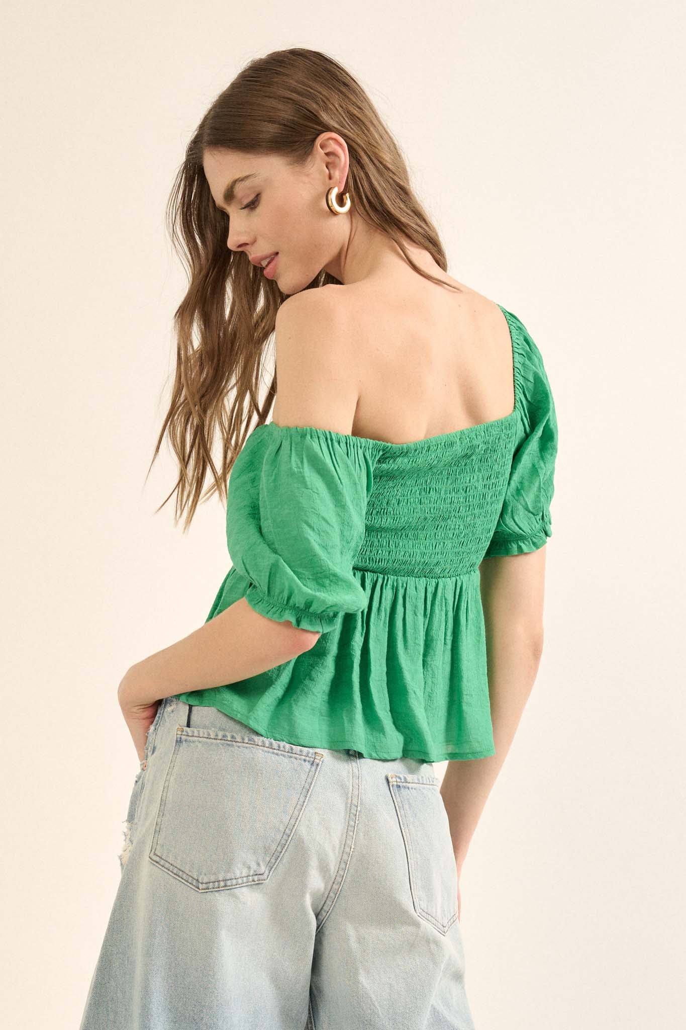 In Your Dreams Ruched Tonal-Stripe Peasant Top - ShopPromesa