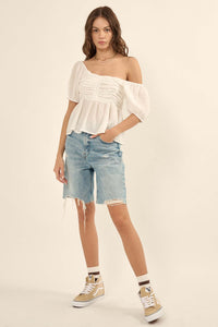 In Your Dreams Ruched Tonal-Stripe Peasant Top - ShopPromesa