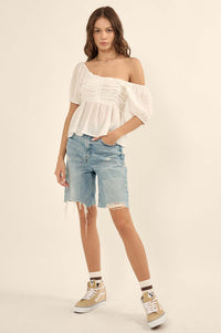 In Your Dreams Ruched Tonal-Stripe Peasant Top - ShopPromesa