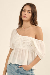 In Your Dreams Ruched Tonal-Stripe Peasant Top - ShopPromesa