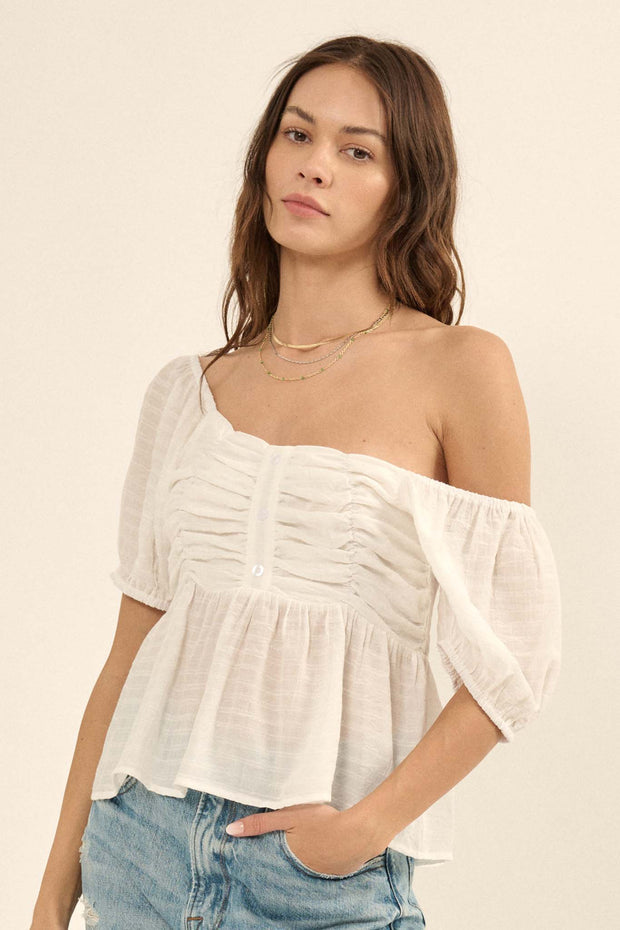 In Your Dreams Ruched Tonal-Stripe Peasant Top - ShopPromesa