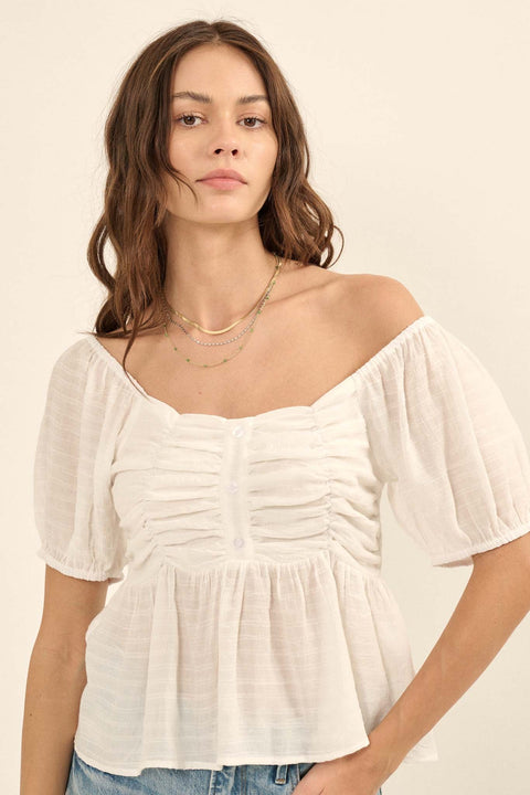 In Your Dreams Ruched Tonal-Stripe Peasant Top - ShopPromesa