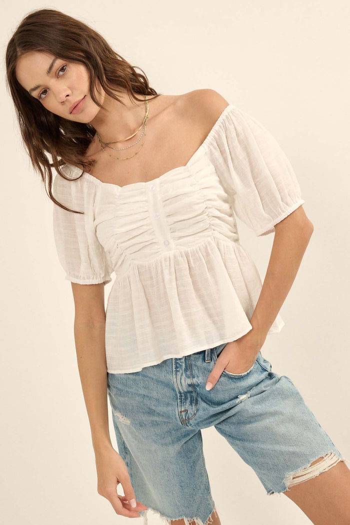 In Your Dreams Ruched Tonal-Stripe Peasant Top - ShopPromesa