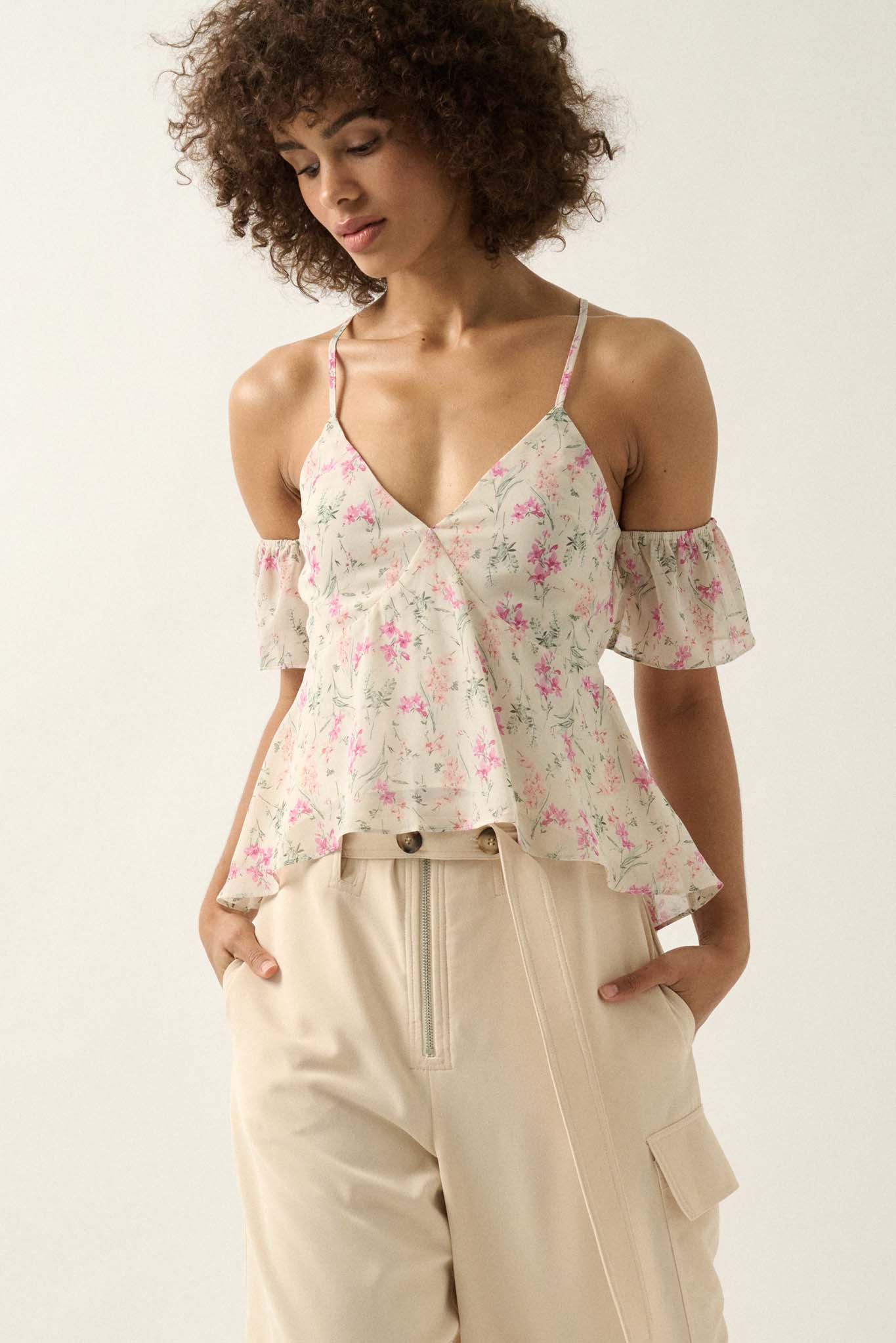 Lily Lover Floral Chiffon Cold Shoulder Cami Top - ShopPromesa