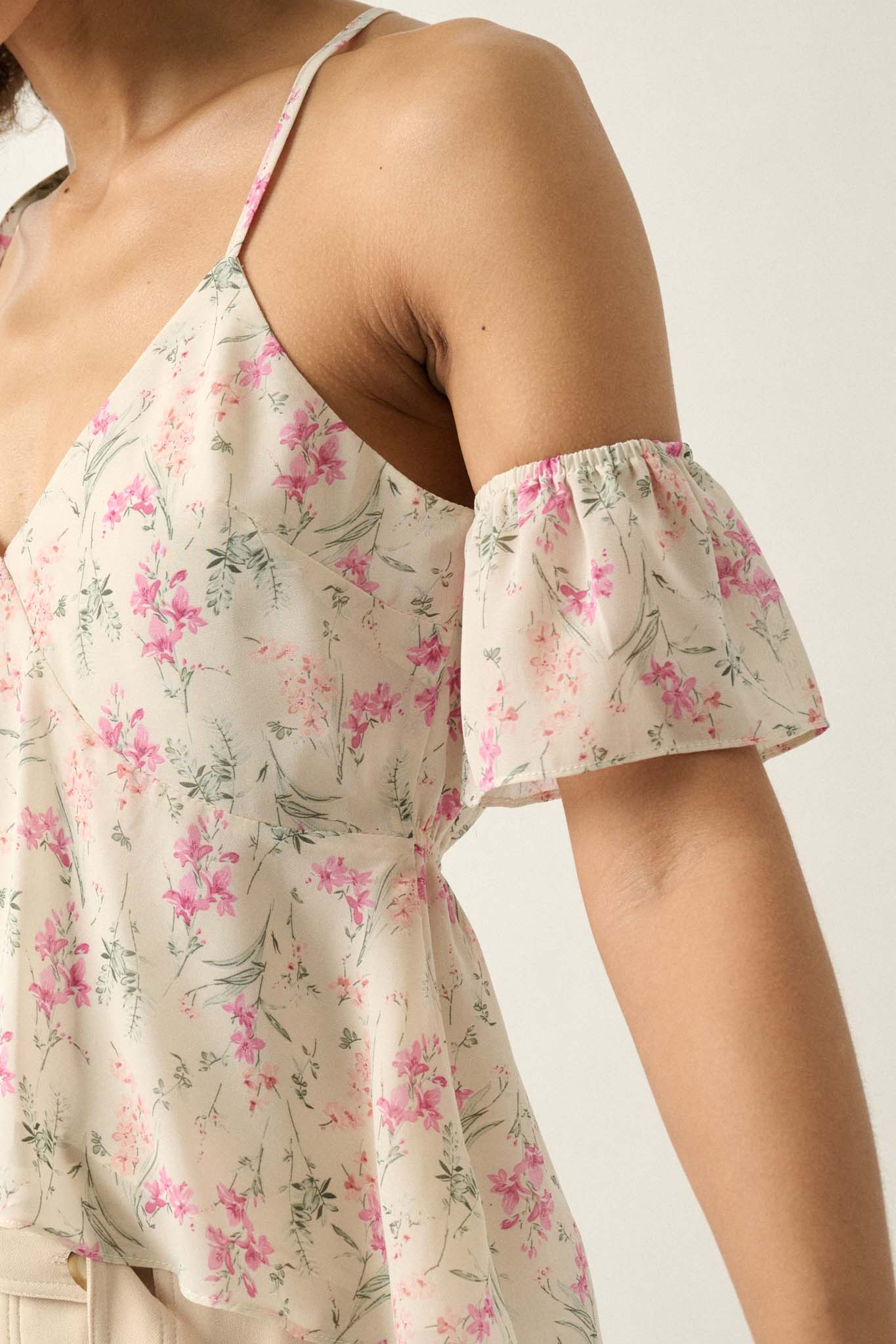 Lily Lover Floral Chiffon Cold Shoulder Cami Top - ShopPromesa