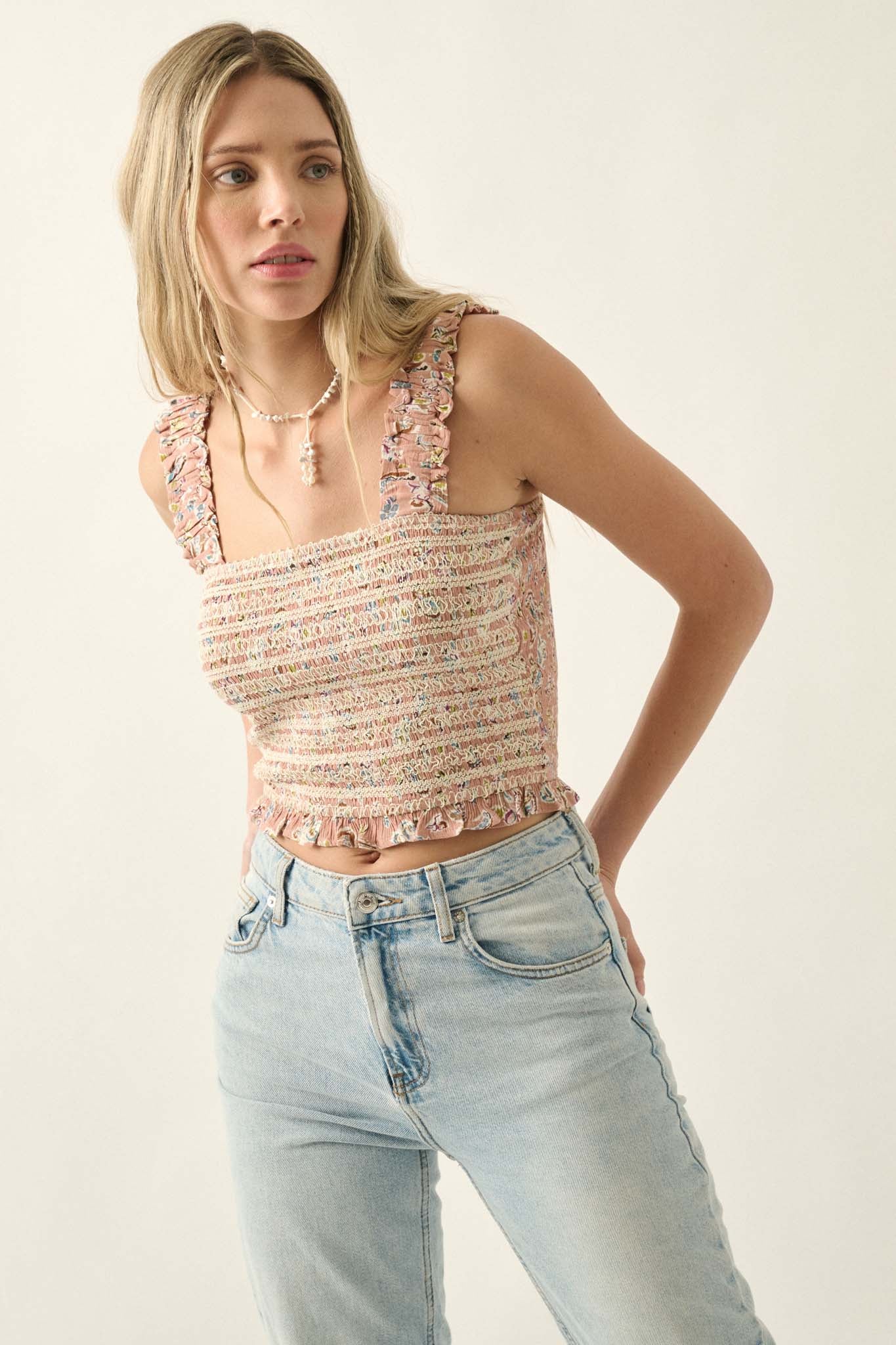 Bohemian Beauty Smocked Paisley Cropped Tank Top - ShopPromesa