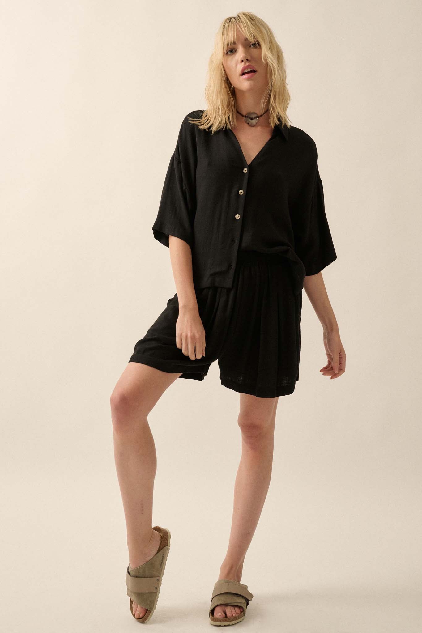 Act Natural Linen-Blend Oversize Short-Sleeve Shirt - ShopPromesa