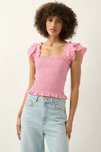 Candy Land Smocked Gingham Ruffled Peasant Top - ShopPromesa