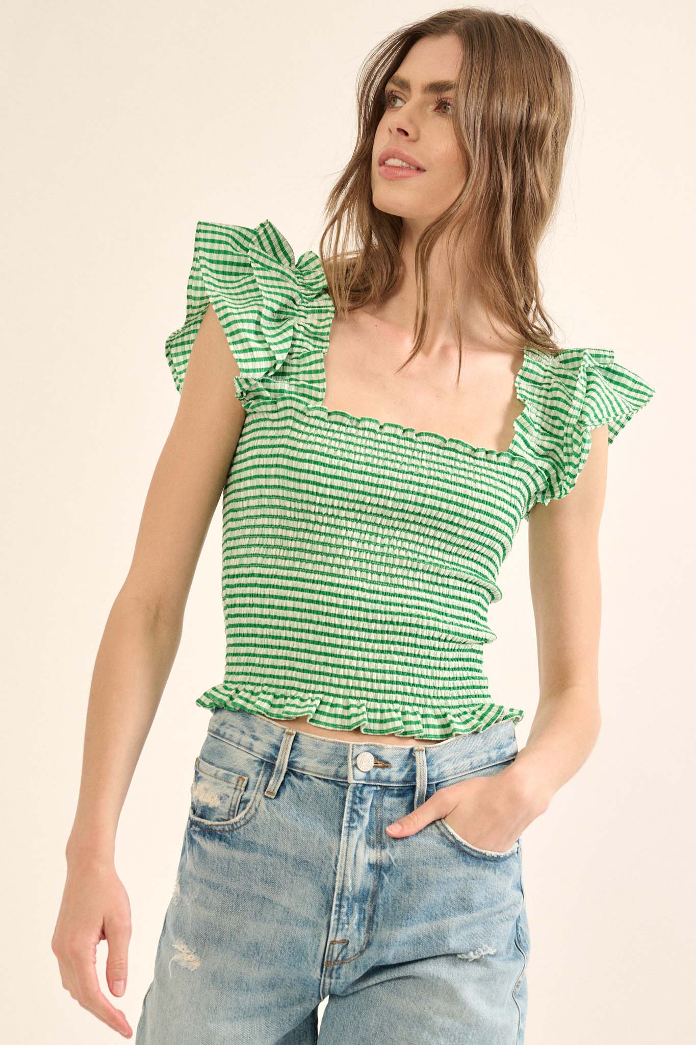 Candy Land Smocked Gingham Ruffled Peasant Top - ShopPromesa