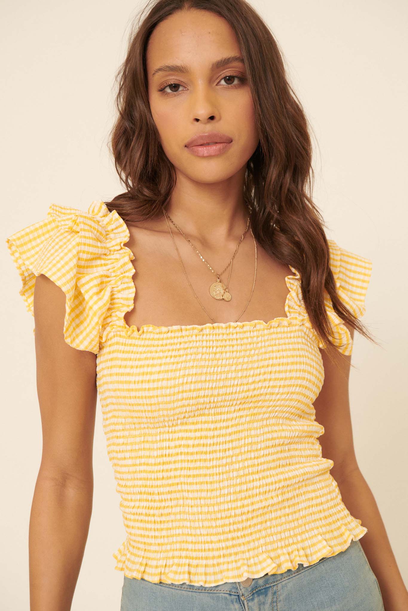 Candy Land Smocked Gingham Ruffled Peasant Top - ShopPromesa