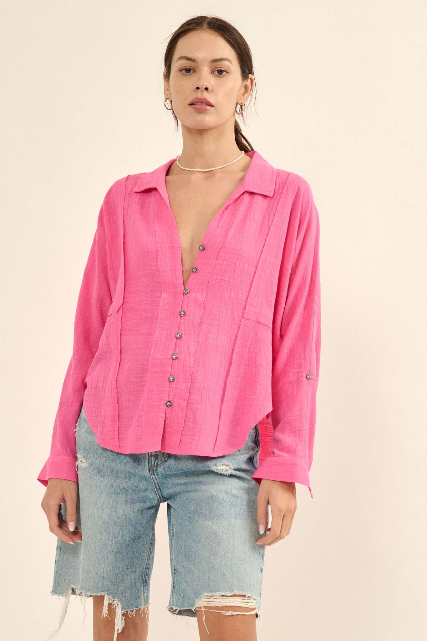 Rhythm of Life Raw-Edge Textured Button-Up Shirt - ShopPromesa