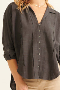 Too Blessed Raw-Edge Textured Button-Up Shirt - ShopPromesa