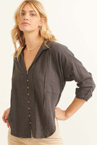 Too Blessed Raw-Edge Textured Button-Up Shirt - ShopPromesa