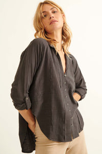 Too Blessed Raw-Edge Textured Button-Up Shirt - ShopPromesa