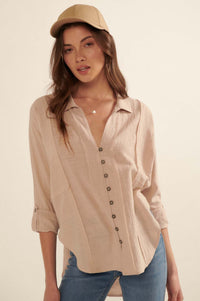 Too Blessed Raw-Edge Textured Button-Up Shirt - ShopPromesa