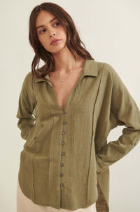 Too Blessed Raw-Edge Textured Button-Up Shirt - ShopPromesa