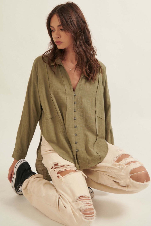 Too Blessed Raw-Edge Textured Button-Up Shirt - ShopPromesa