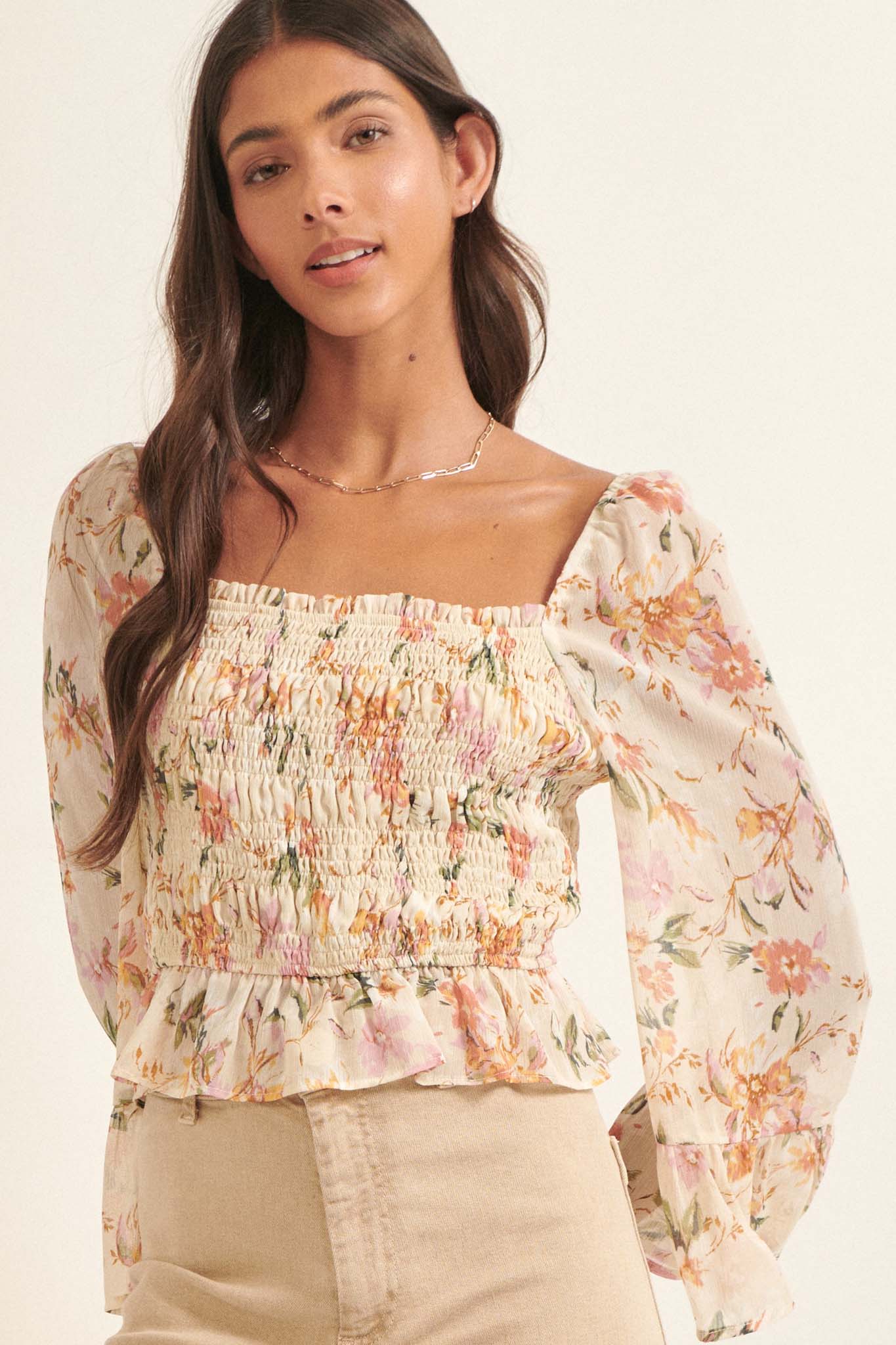 Gossamer Petals Smocked Floral Peasant Top - ShopPromesa