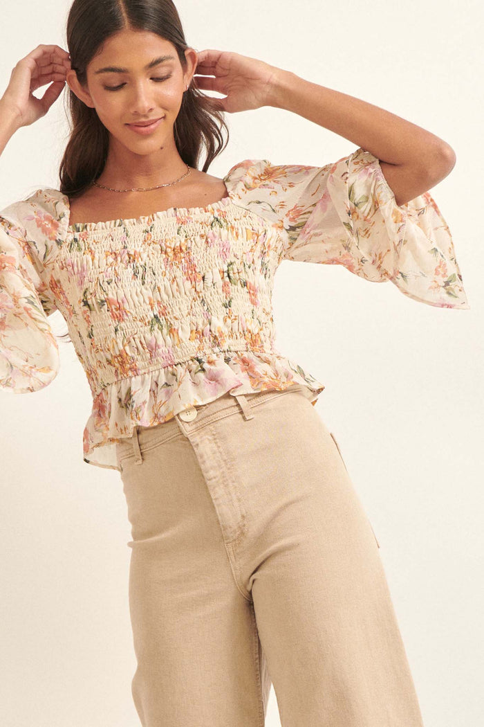 Gossamer Petals Smocked Floral Peasant Top - ShopPromesa