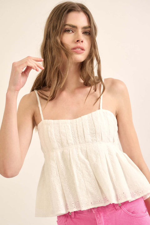 First Crush Pleated Eyelet Lace Babydoll Cami Top - ShopPromesa