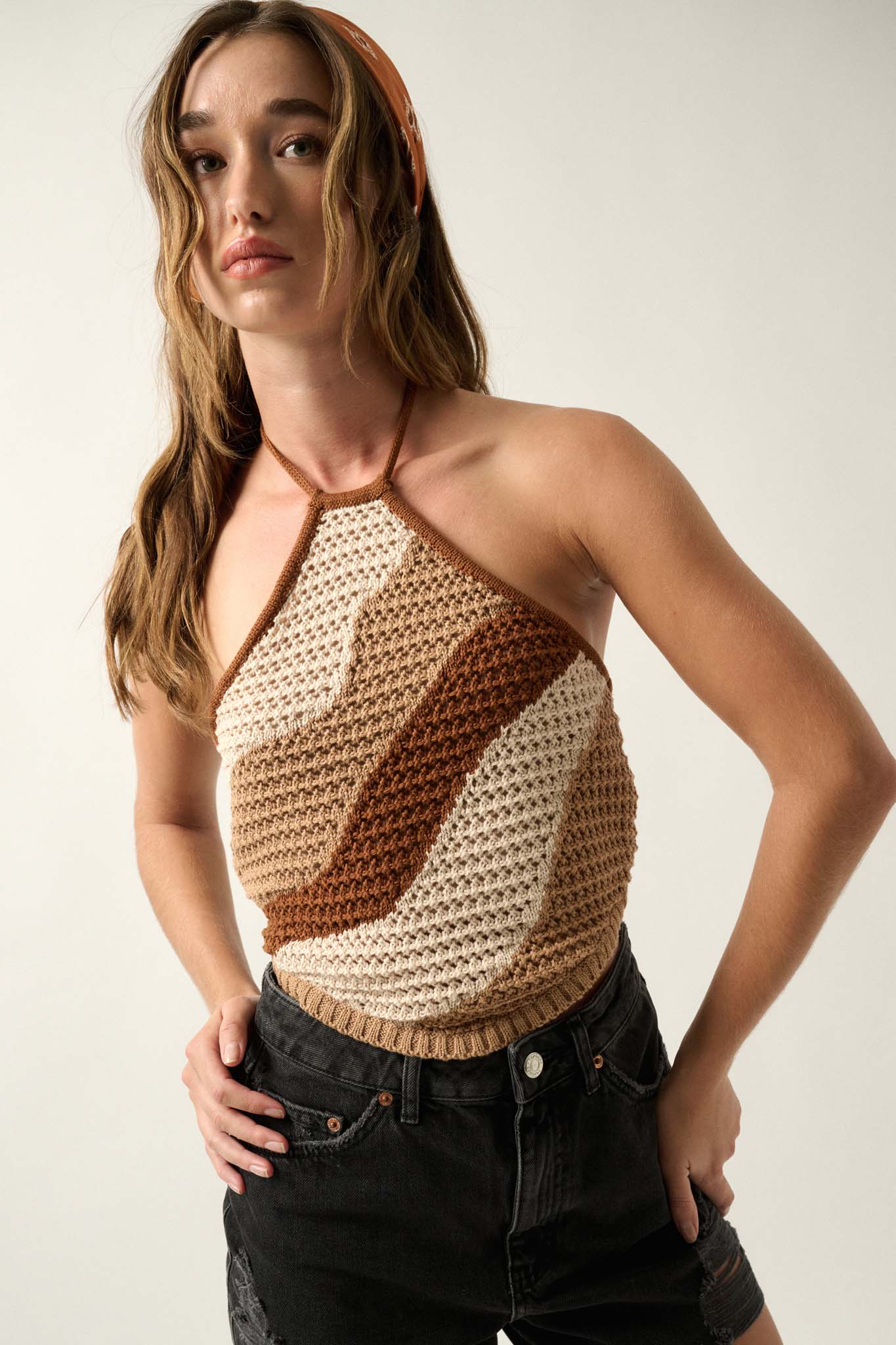 Heat Wave Colorblock Crochet Knit Halter Top - ShopPromesa