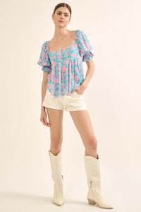 Stolen Kisses Pleated Floral Puff-Sleeve Top - ShopPromesa