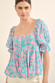Stolen Kisses Pleated Floral Puff-Sleeve Top - ShopPromesa