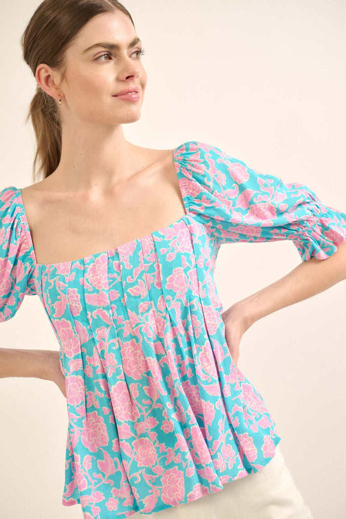 Stolen Kisses Pleated Floral Puff-Sleeve Top - ShopPromesa