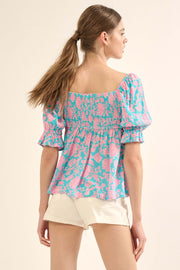 Stolen Kisses Pleated Floral Puff-Sleeve Top - ShopPromesa
