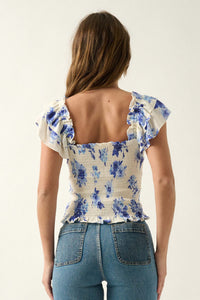 Azure Petals Smocked Floral Ruffle-Sleeve Top - ShopPromesa