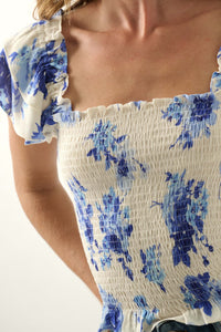 Azure Petals Smocked Floral Ruffle-Sleeve Top - ShopPromesa