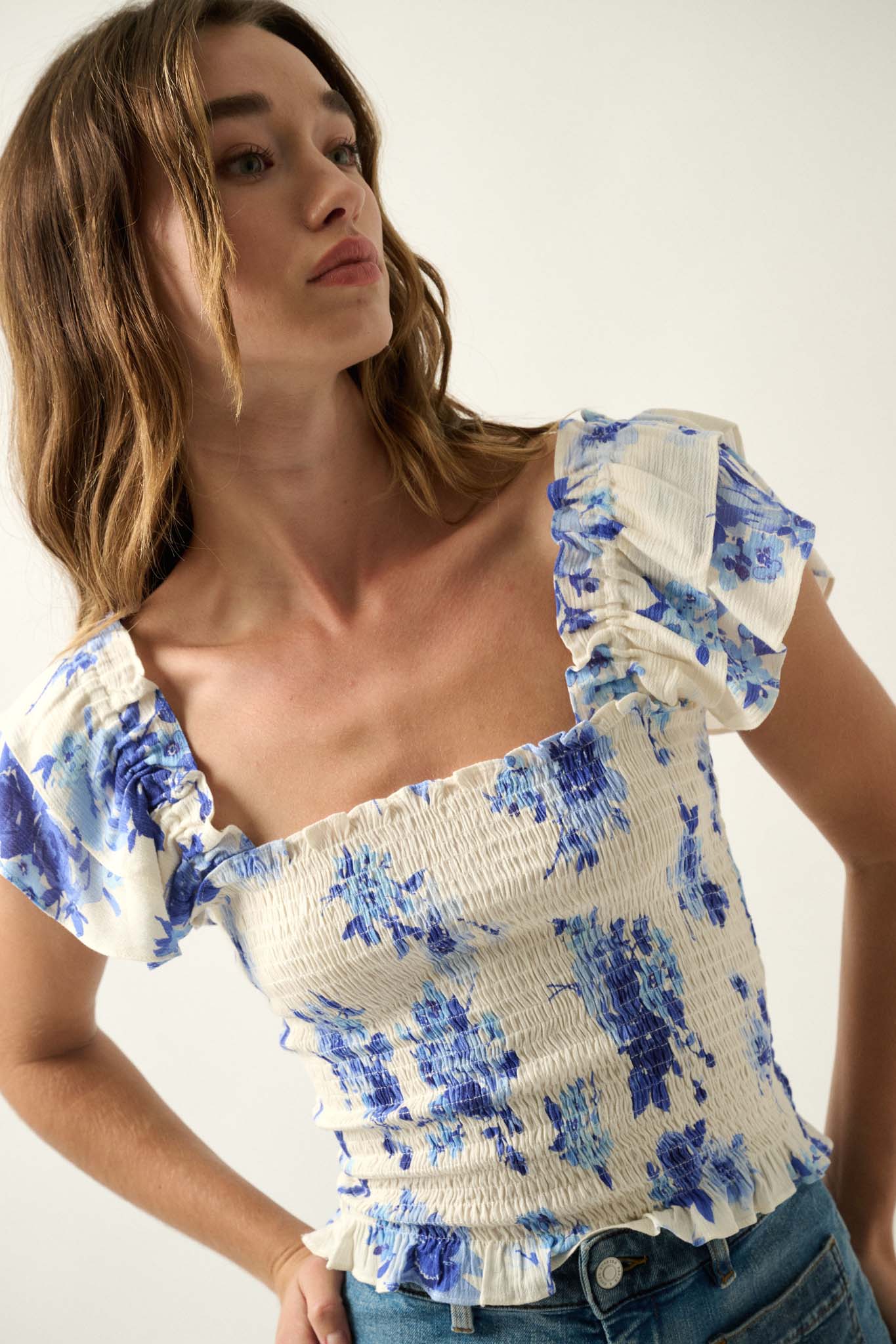 Azure Petals Smocked Floral Ruffle-Sleeve Top - ShopPromesa