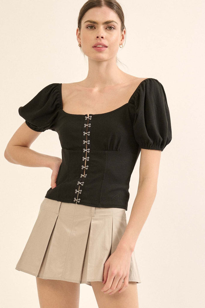 Ribbed Knit Hook-and-Eye Puff-Sleeve Peasant Top - ShopPromesa