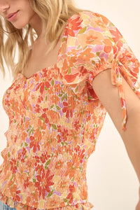 Tangerine Dream Floral Chiffon Smocked Peasant Top - ShopPromesa