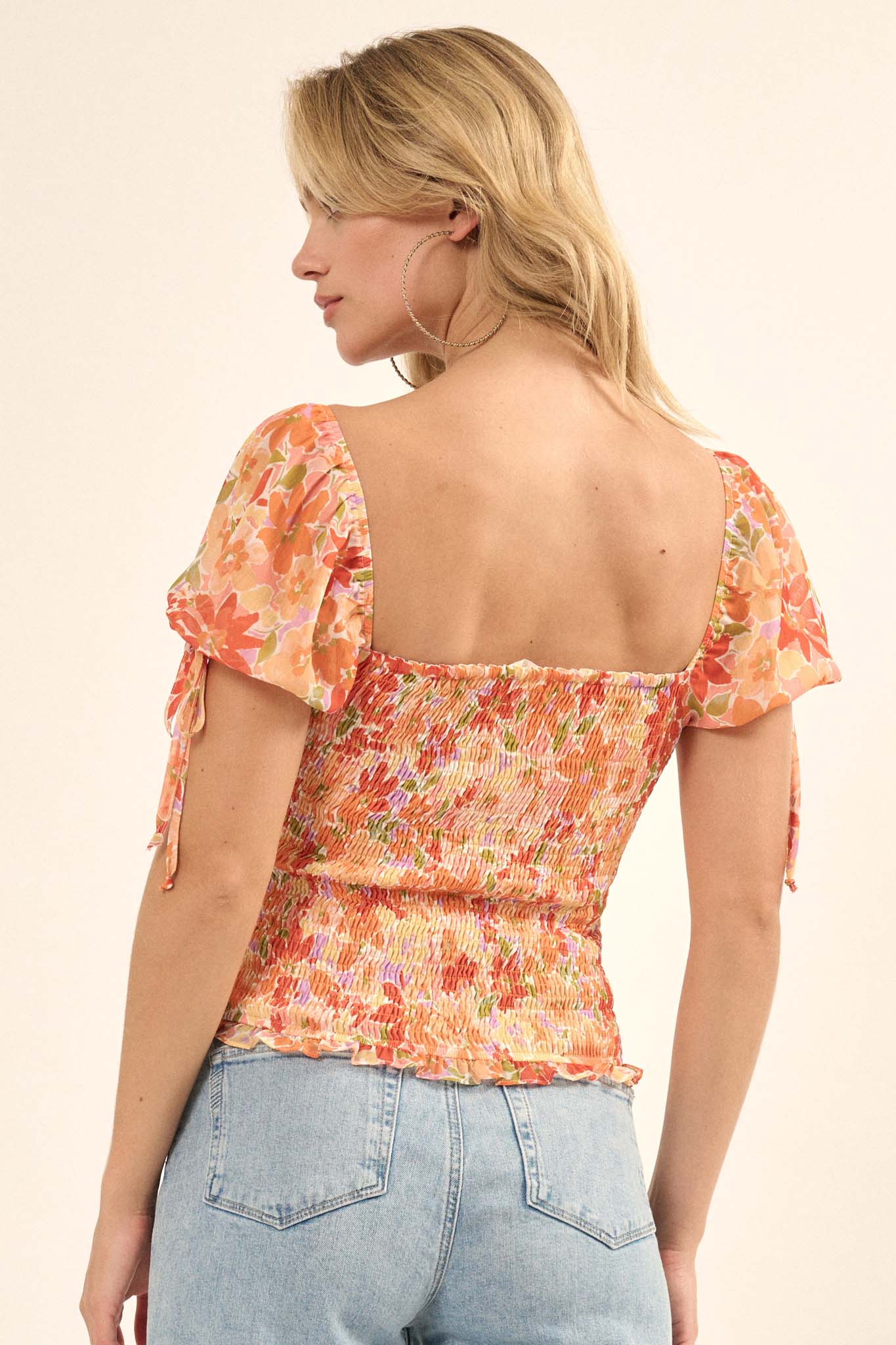 Tangerine Dream Floral Chiffon Smocked Peasant Top - ShopPromesa