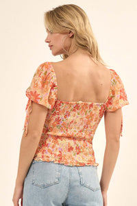 Tangerine Dream Floral Chiffon Smocked Peasant Top - ShopPromesa