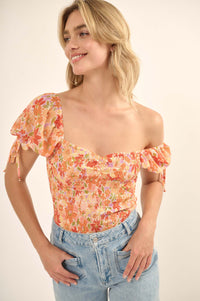 Tangerine Dream Floral Chiffon Smocked Peasant Top - ShopPromesa