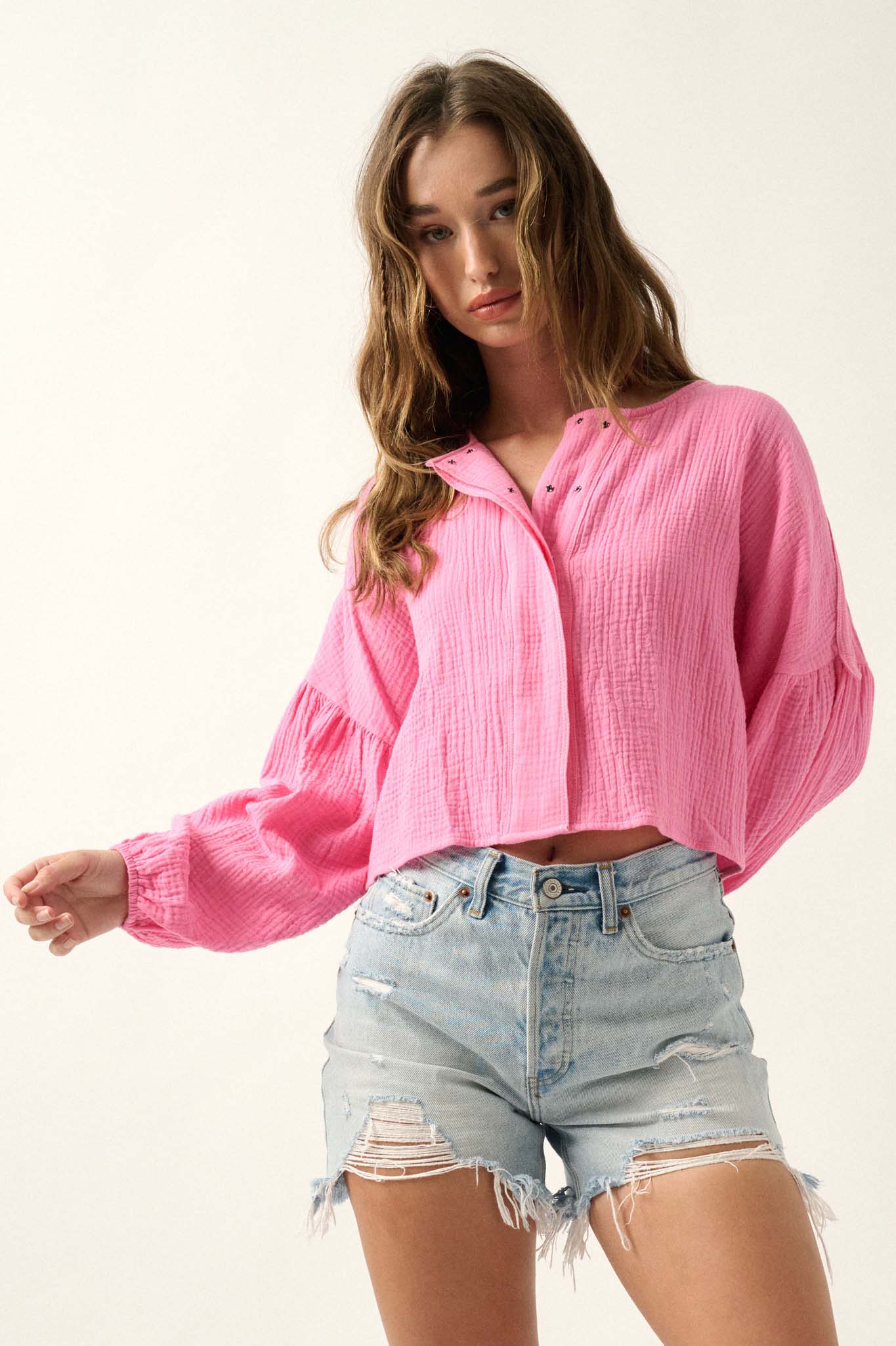 Turn the Tide Crinkle Cotton Bubble-Sleeve Shirt - ShopPromesa