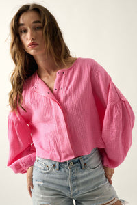 Turn the Tide Crinkle Cotton Bubble-Sleeve Shirt - ShopPromesa