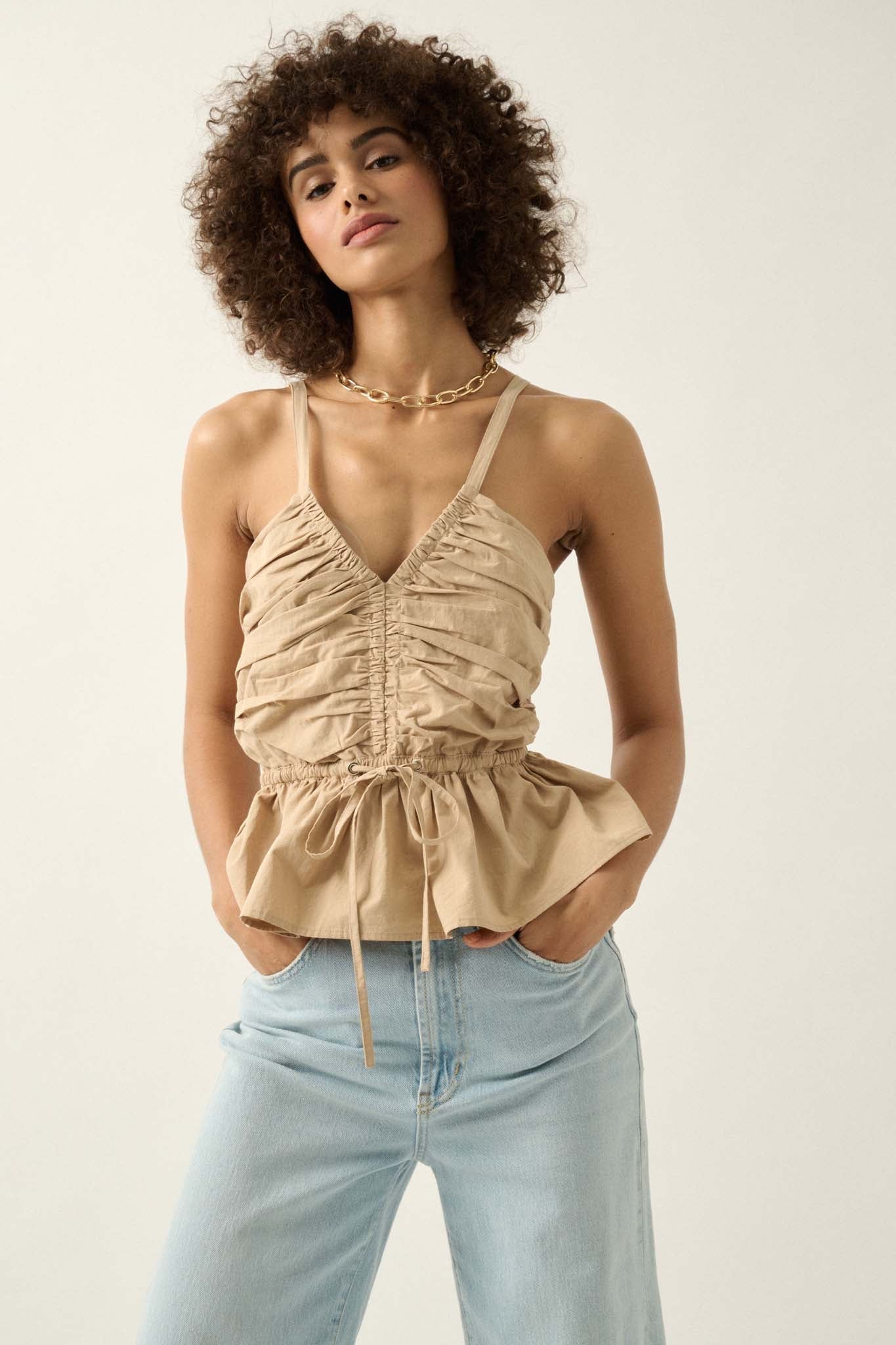 Fresh Start Ruched Cotton Peplum Cami Top - ShopPromesa