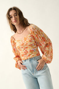 Apricot Kiss Ruched Floral Chiffon Pleated-Sleeve Top - ShopPromesa