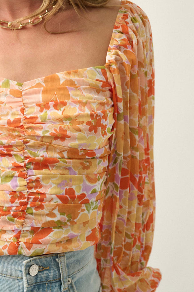 Apricot Kiss Ruched Floral Chiffon Pleated-Sleeve Top - ShopPromesa