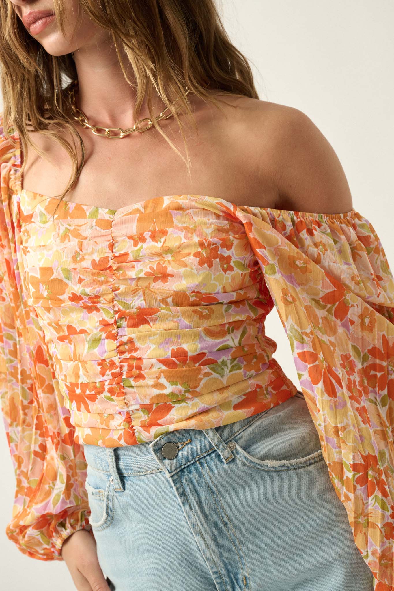 Apricot Kiss Ruched Floral Chiffon Pleated-Sleeve Top - ShopPromesa