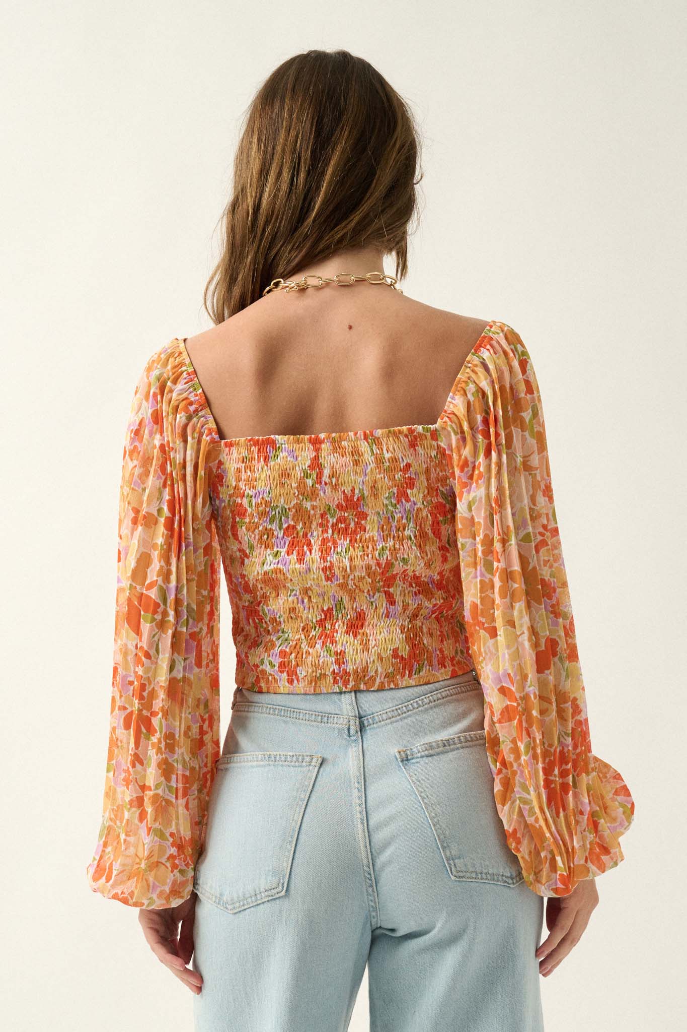 Apricot Kiss Ruched Floral Chiffon Pleated-Sleeve Top - ShopPromesa