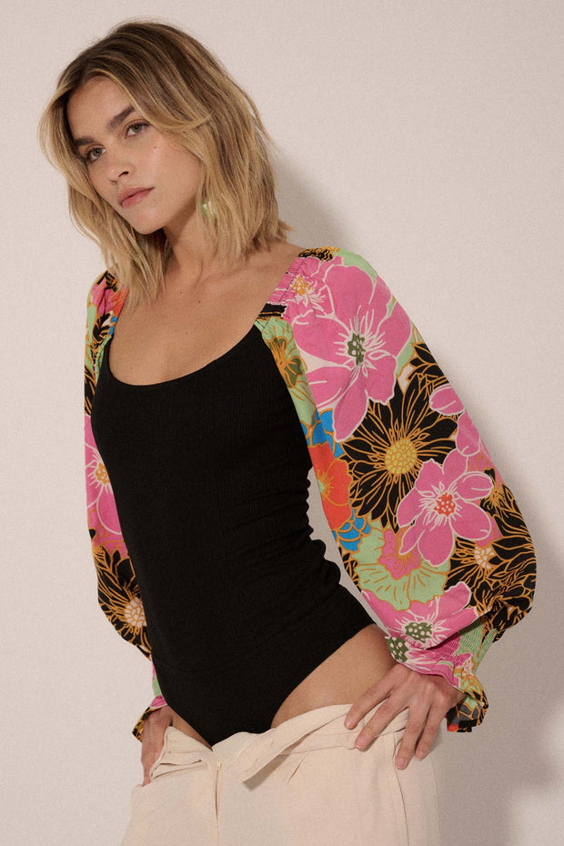 Blooming Bright Floral Bishop-Sleeve Bodysuit - ShopPromesa