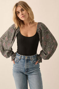 Magic Garden Floral-Sleeve Ribbed Knit Bodysuit - ShopPromesa