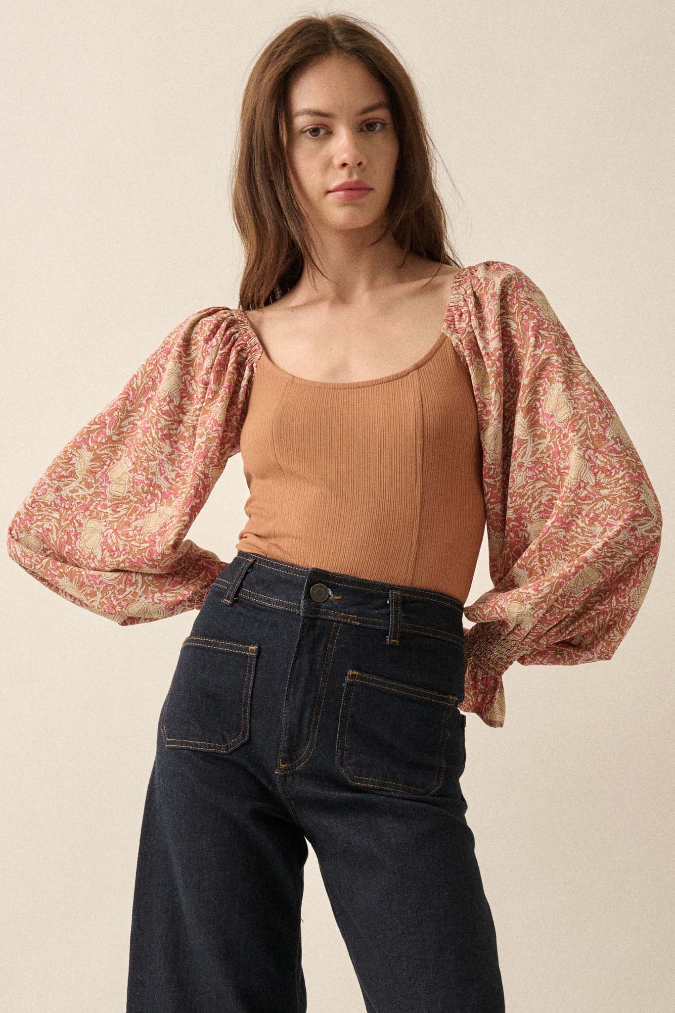 Magic Garden Floral-Sleeve Ribbed Knit Bodysuit - ShopPromesa