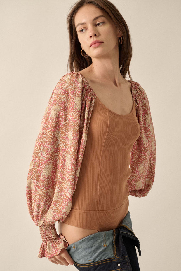 Magic Garden Floral-Sleeve Ribbed Knit Bodysuit - ShopPromesa